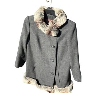 VTG Harbrooke Jacobsons Gray Wool Double-Breasted Rabbit Fur Trim Coat Med ILGWU